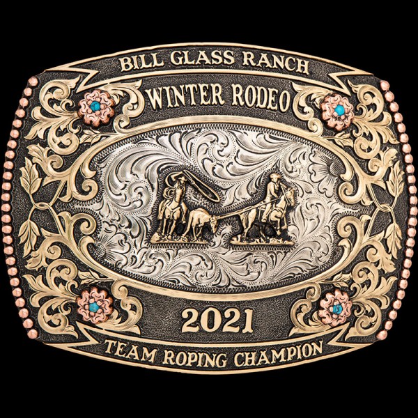 The Hillsboro Belt Buckle is one of our finest western belt buckles featuring warm tones with intrincate bronze vines scrollwork and matted finish. Customize it now for your rodeo event!